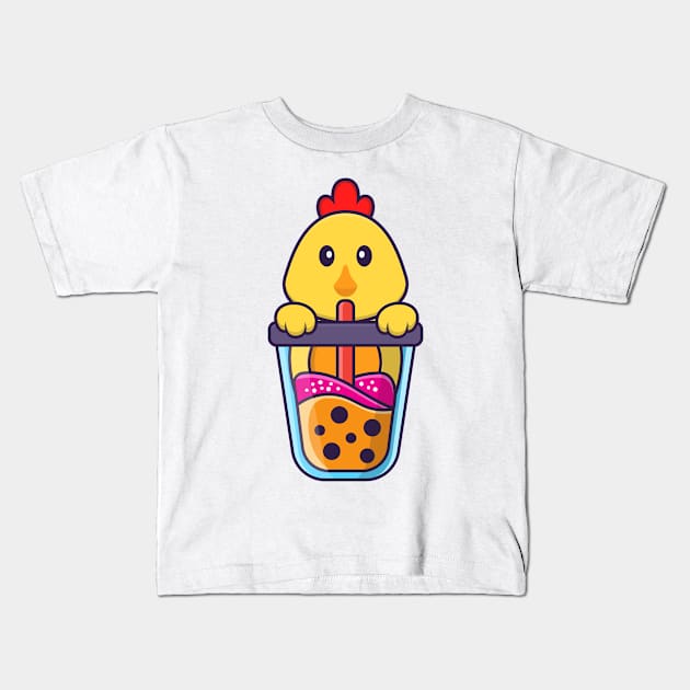 Cute chicken Drinking Boba milk tea Kids T-Shirt by kolega